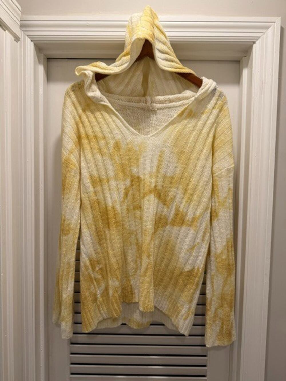 Mystree Womens Medium‎ Yellow White Tie-Die Hoodie Boho Coastal Pullover
